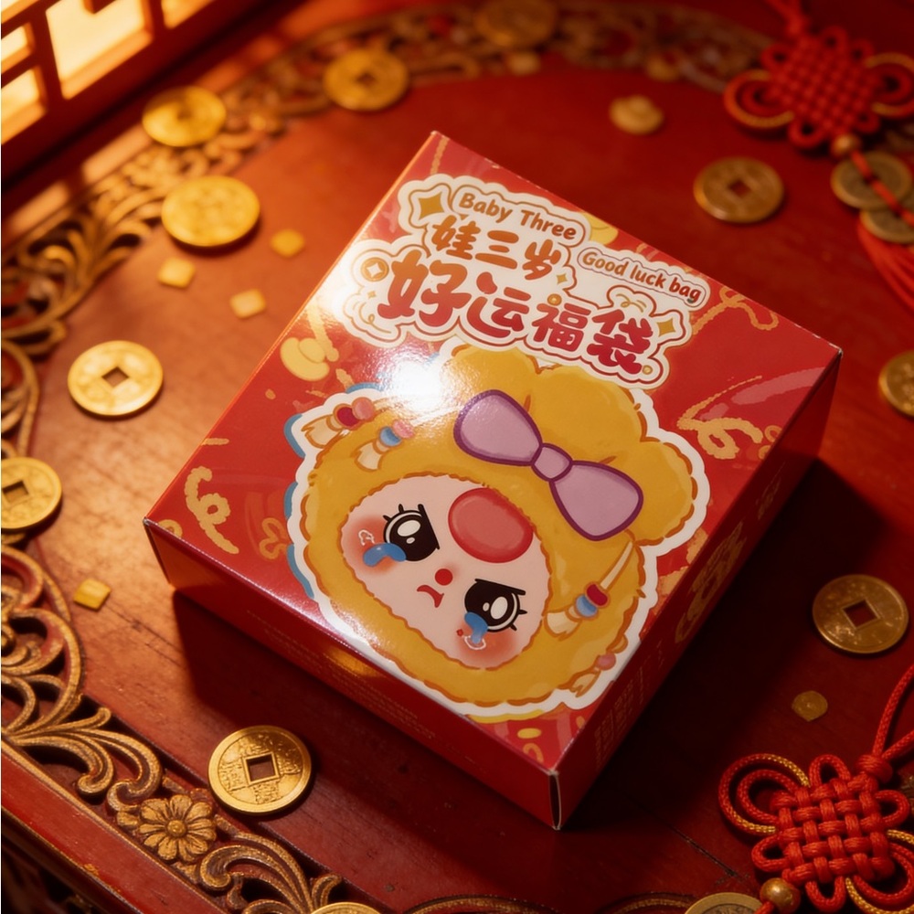 Never Opened Blind Box Baby Three Good Luck Red Gift Box with Cartoon Design